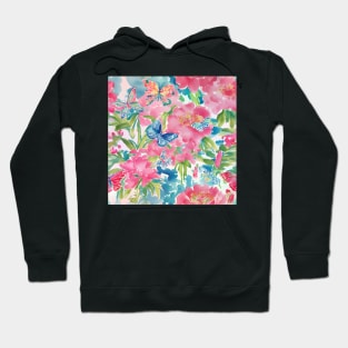 Preppy pink, green and turquoise flowers and butterflies Hoodie